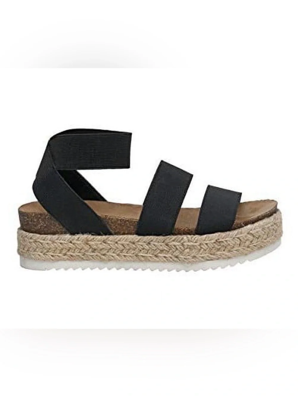 Cushionaire Mandy Black Elastic Strap Jute Espadrille Platform Sandals Women 7.5
